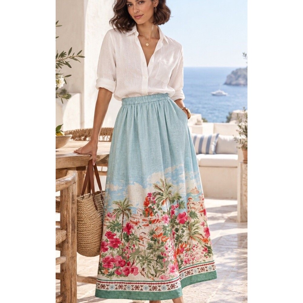Calypso St Barth Skirt Women XSmall Floral Scenic Print Linen Blend Coastal EUC